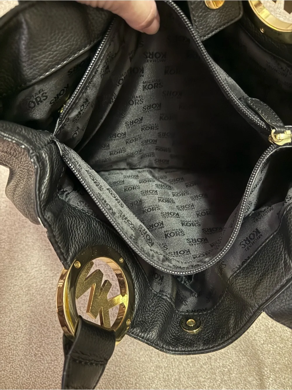 Michael Kors Black Leather Shoulder Tote with Gold MK Charm